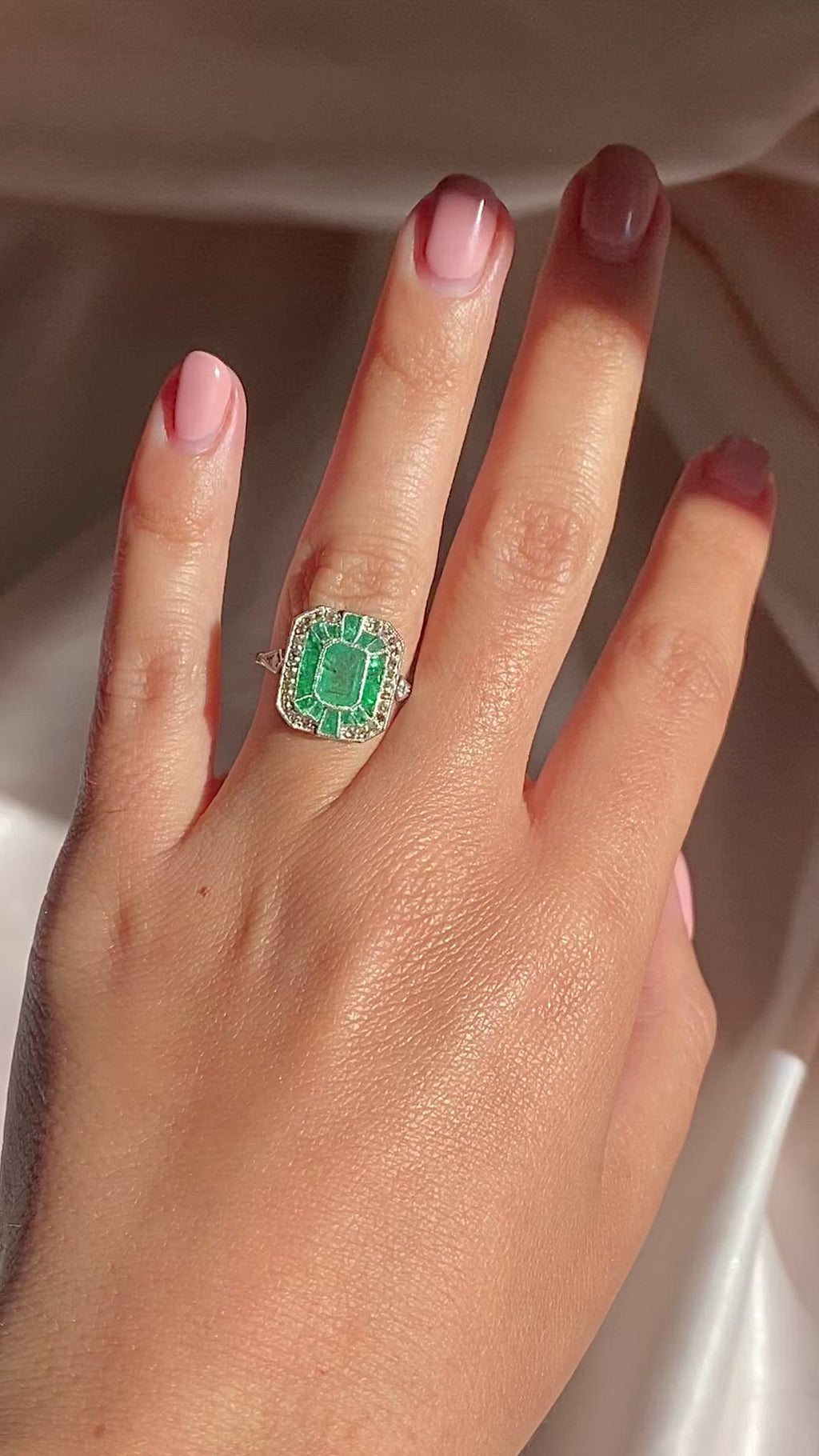 Platinum Emerald Rose Cut Diamond Ring