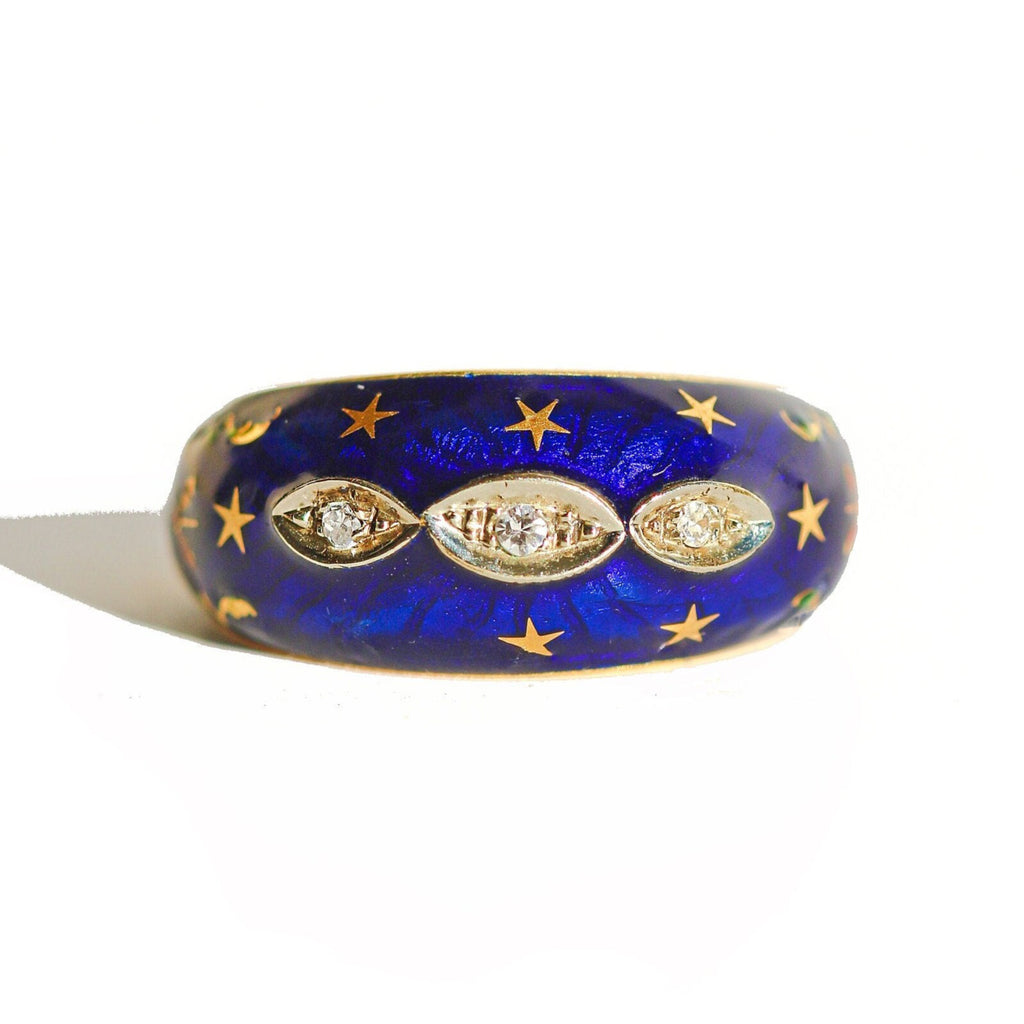 Vintage 18k Diamond Enamel Starry Bombe Ring
