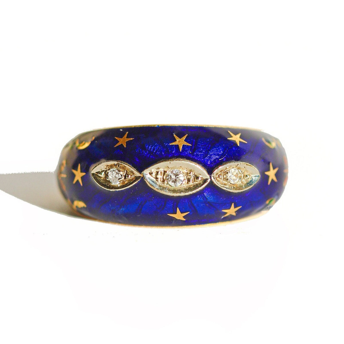 Vintage 18k Diamond Enamel Starry Bombe Ring