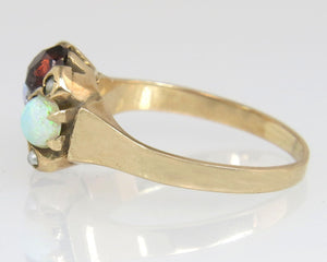 Antique 14k Gold Art Deco Ruby Garnet Opal and Pearl Flower Cluster Ring