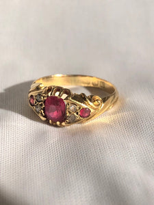 Vintage 18k Gold Diamond Ruby Gypsy Boat Ring 1909