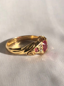 Vintage 18k Gold Diamond Ruby Gypsy Boat Ring 1909