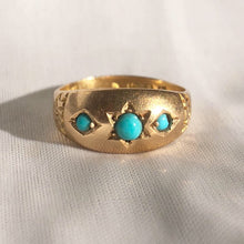 Load image into Gallery viewer, Antique 18k Trilogy Turquoise Starburst Diamond Victorian Gypsy Ring Engagement
