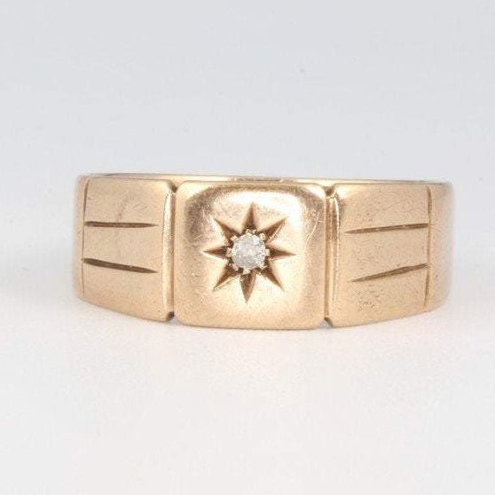 Antique Gypsy Diamond Signet 9k Gold Starburst Art Deco Band Ring