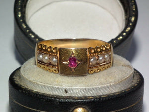 Antique Ruby Pearl Gypsy 15k Gold 1896 Ring