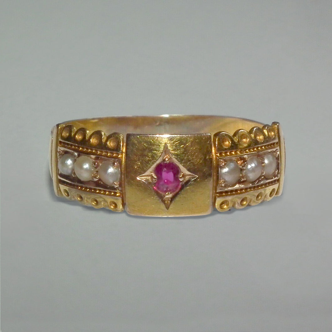 Antique Ruby Pearl Gypsy 15k Gold 1896 Ring