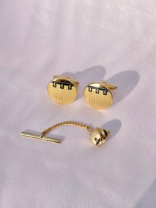 Vintage Mens Textured Cuff Link + Lapel Pin Set