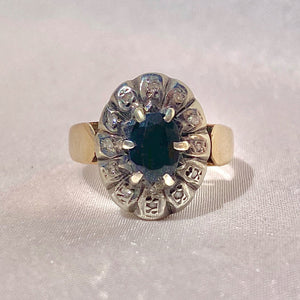 Vintage 9k Sapphire Diamond Oval Cluster Ring