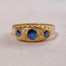 Load image into Gallery viewer, Antique 18k Sapphire Diamond Gypsy Boat Ring 1918
