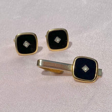 Load image into Gallery viewer, Vintage Mens Onyx Gemstone Cuff Links + Tie Clip Set

