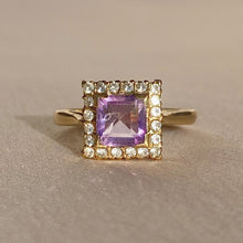 Load image into Gallery viewer, Vintage 9k Square Amethyst Diamond Ring 1964
