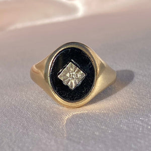 Vintage 9k Onyx Diamond Signet Ring 1967
