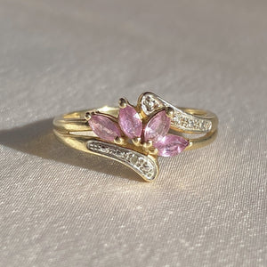 Vintage 9k Diamond Pink Topaz Lotus Ring