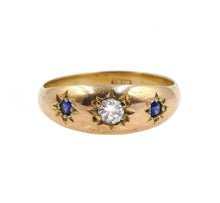 Load image into Gallery viewer, Antique Trilogy 18k Diamond Sapphire Gypsy Ring
