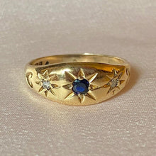 Load image into Gallery viewer, Vintage 9k Sapphire Diamond Gypsy Ring 1977
