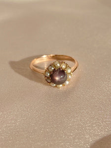 Antique 9k Indian Star Sapphire Pearl Cluster Ring