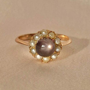 Antique 9k Indian Star Sapphire Pearl Cluster Ring