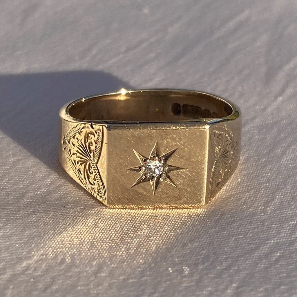Vintage 9k Solitaire Gypsy Signet Ring 1960 ’December 5, 1961’