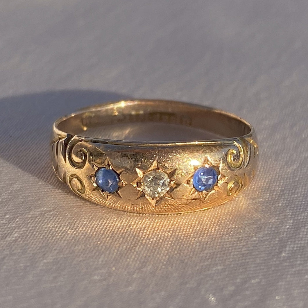 Antique 15k Rose Gold Diamond Sapphire Gypsy Ring 1900