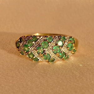 Vintage 9k Chevron Emerald Diamond Bombe Ring