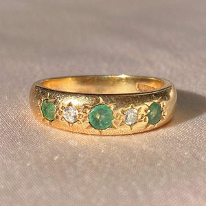 Vintage 9k Emerald Diamond Eternity Gypsy Ring