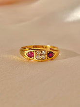 Load image into Gallery viewer, Antique 18k Diamond Ruby Gypsy Boat Ring 1899

