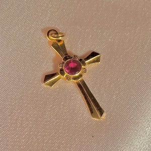 Vintage 9k Ruby Flower Cross Pendant 1986