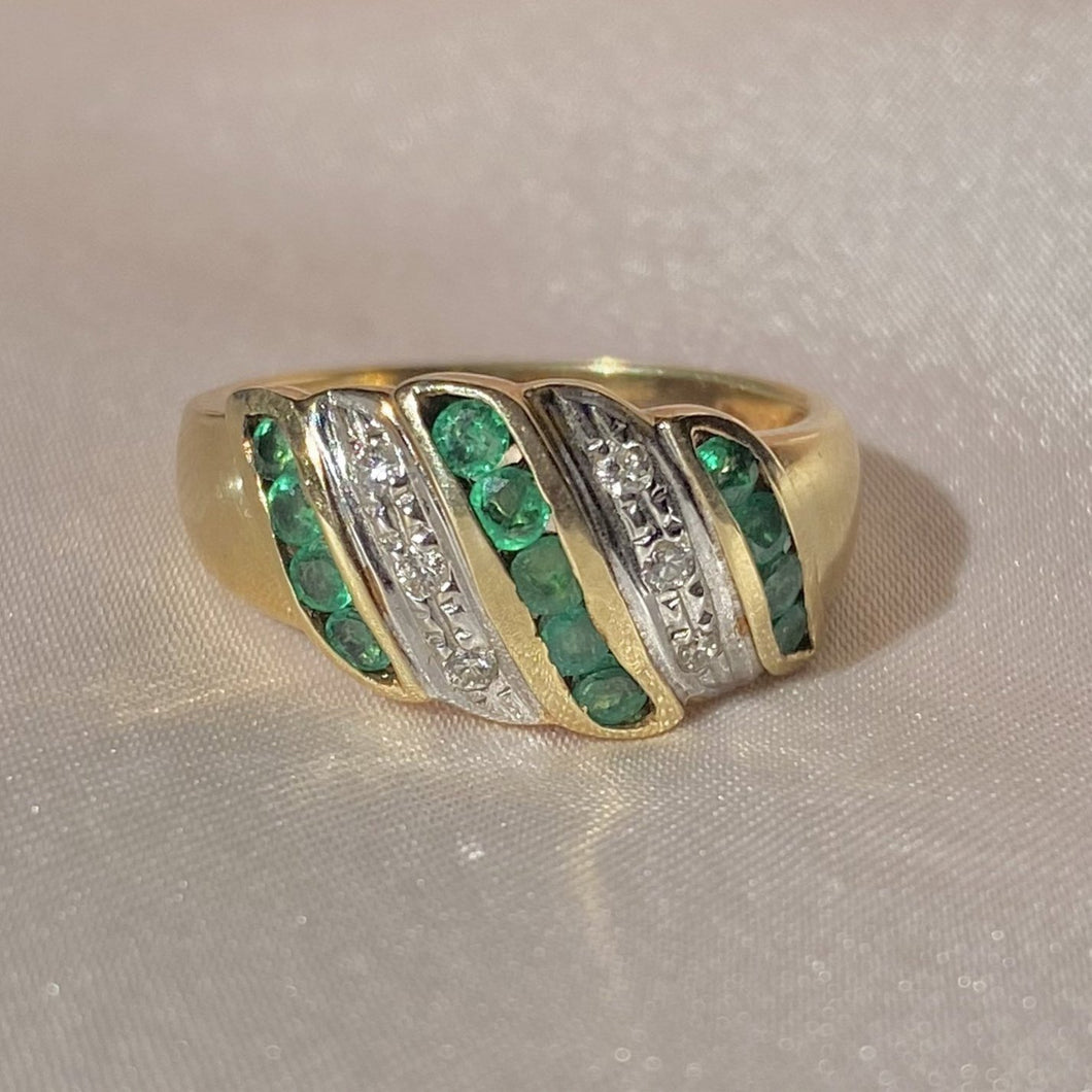 Vintage 14k Emerald Diamond Striped Ring