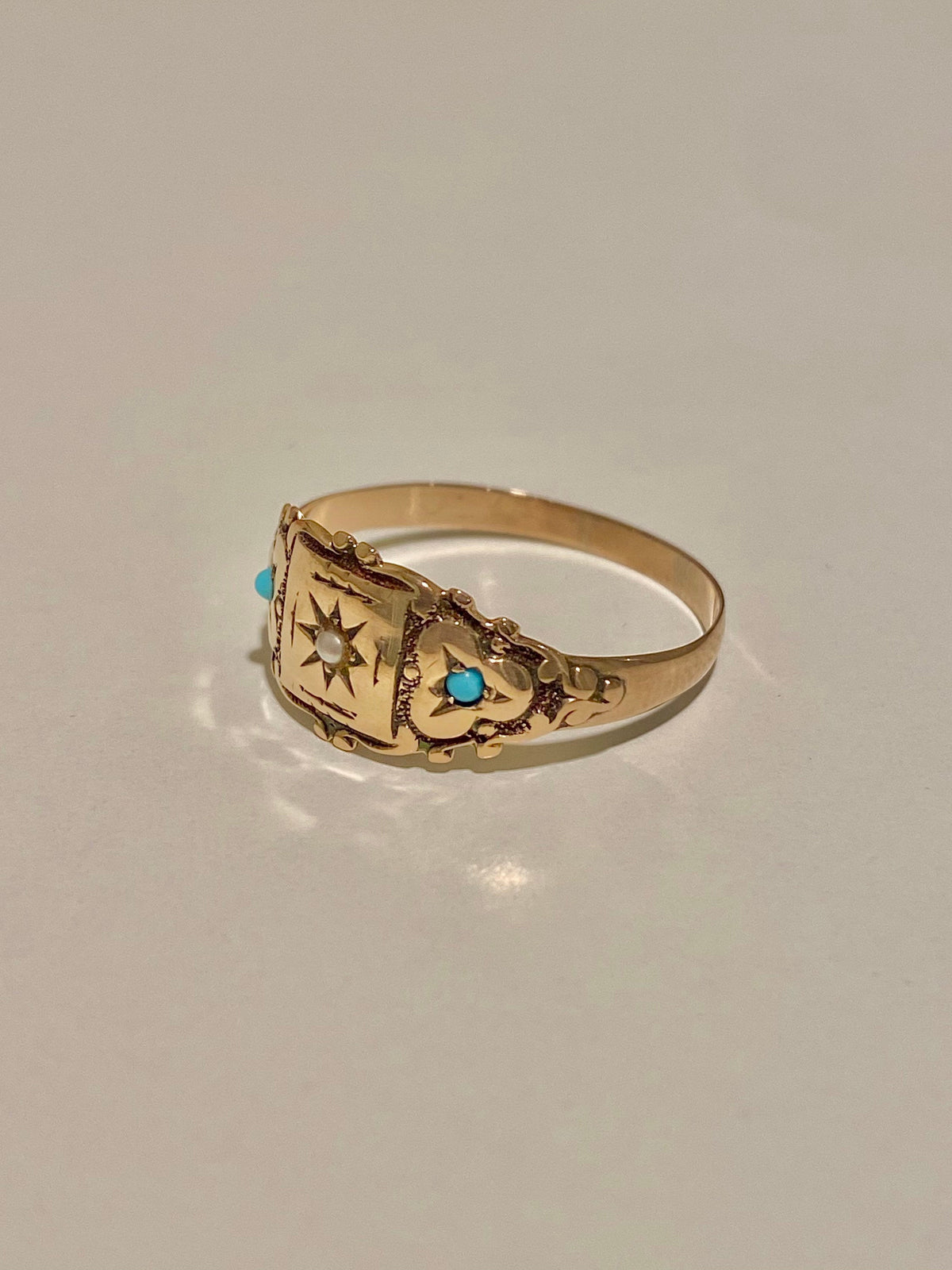 Antique 10k Turquoise Pearl Gypsy Trilogy Ring