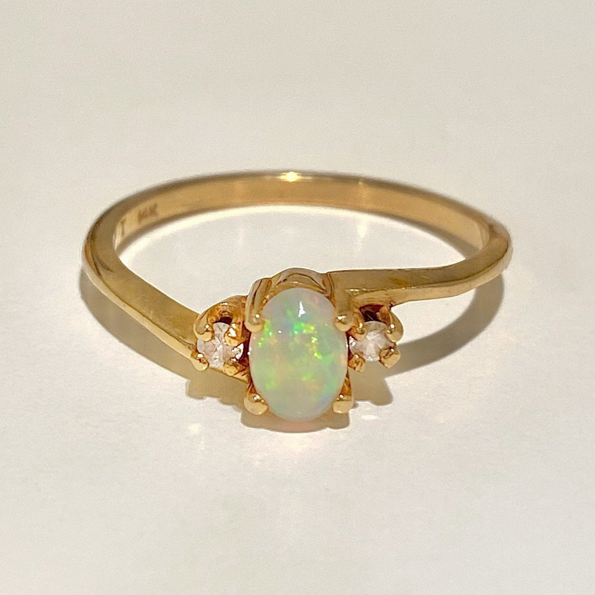 Vintage 14k Diamond Opal Cabochon Dainty Ring