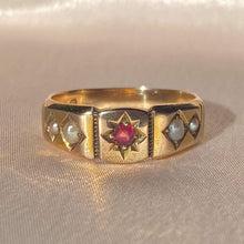 Load image into Gallery viewer, Antique 15k Ruby Pearl Gypsy Starburst Eternity Ring 1876
