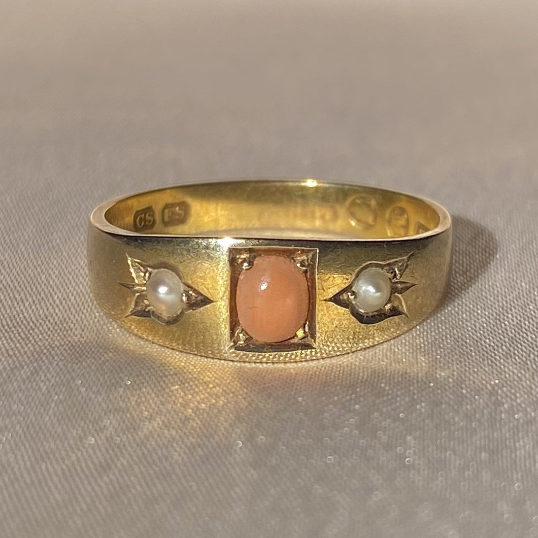 Antique 15k CoraI Pearl Gypsy Ring 1887