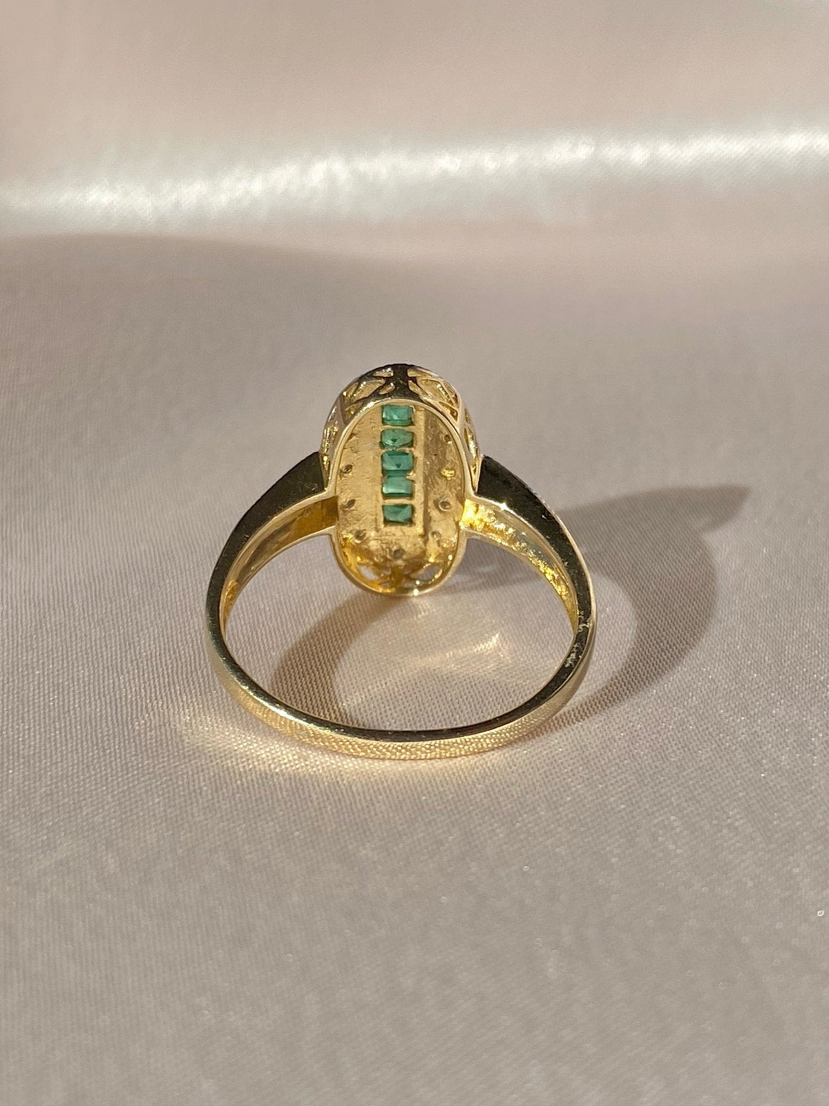 9k Emerald Diamond Deco Cathedral Revival Ring