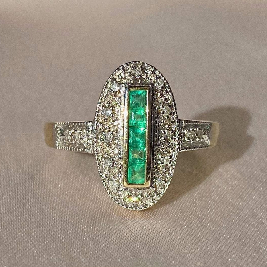 9k Emerald Diamond Deco Cathedral Revival Ring