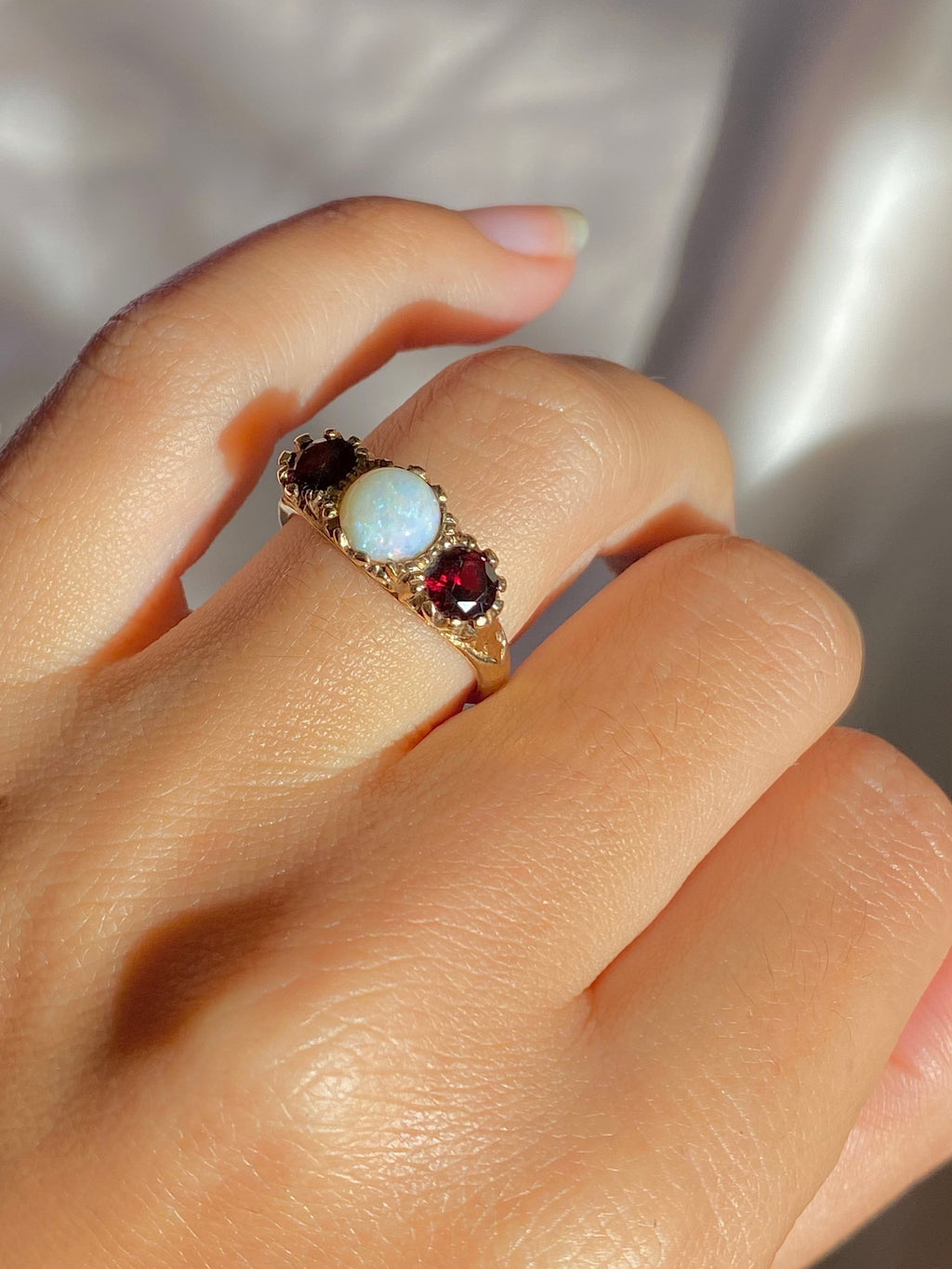 Vintage 9k Garnet Opal Boat Ring 1989