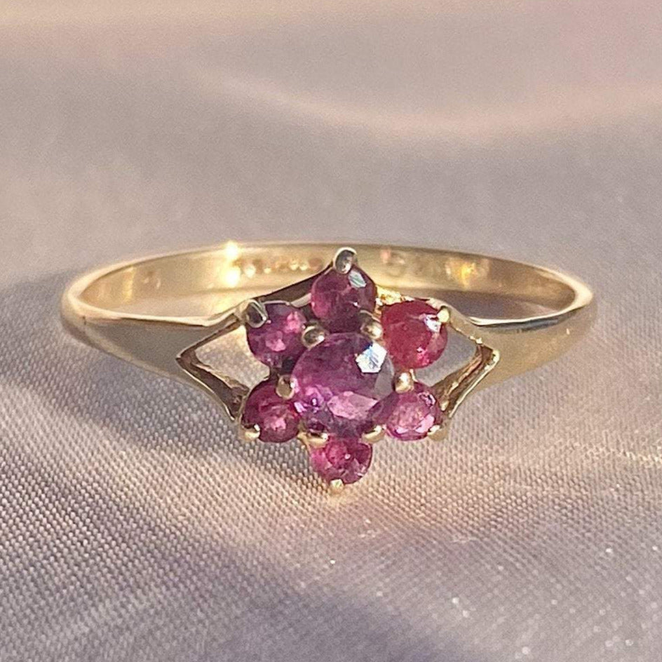 Vintage 9k Magenta Sapphire Flower Cluster Ring 1980