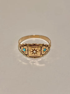 Antique 10k Turquoise Pearl Gypsy Trilogy Ring