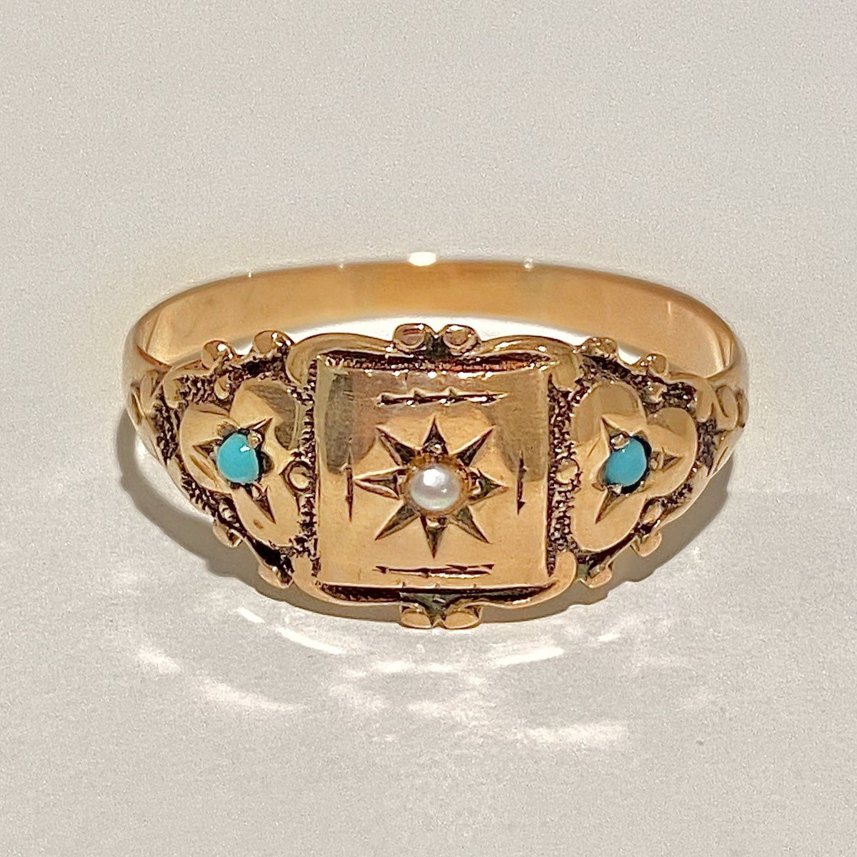 Antique 10k Turquoise Pearl Gypsy Trilogy Ring