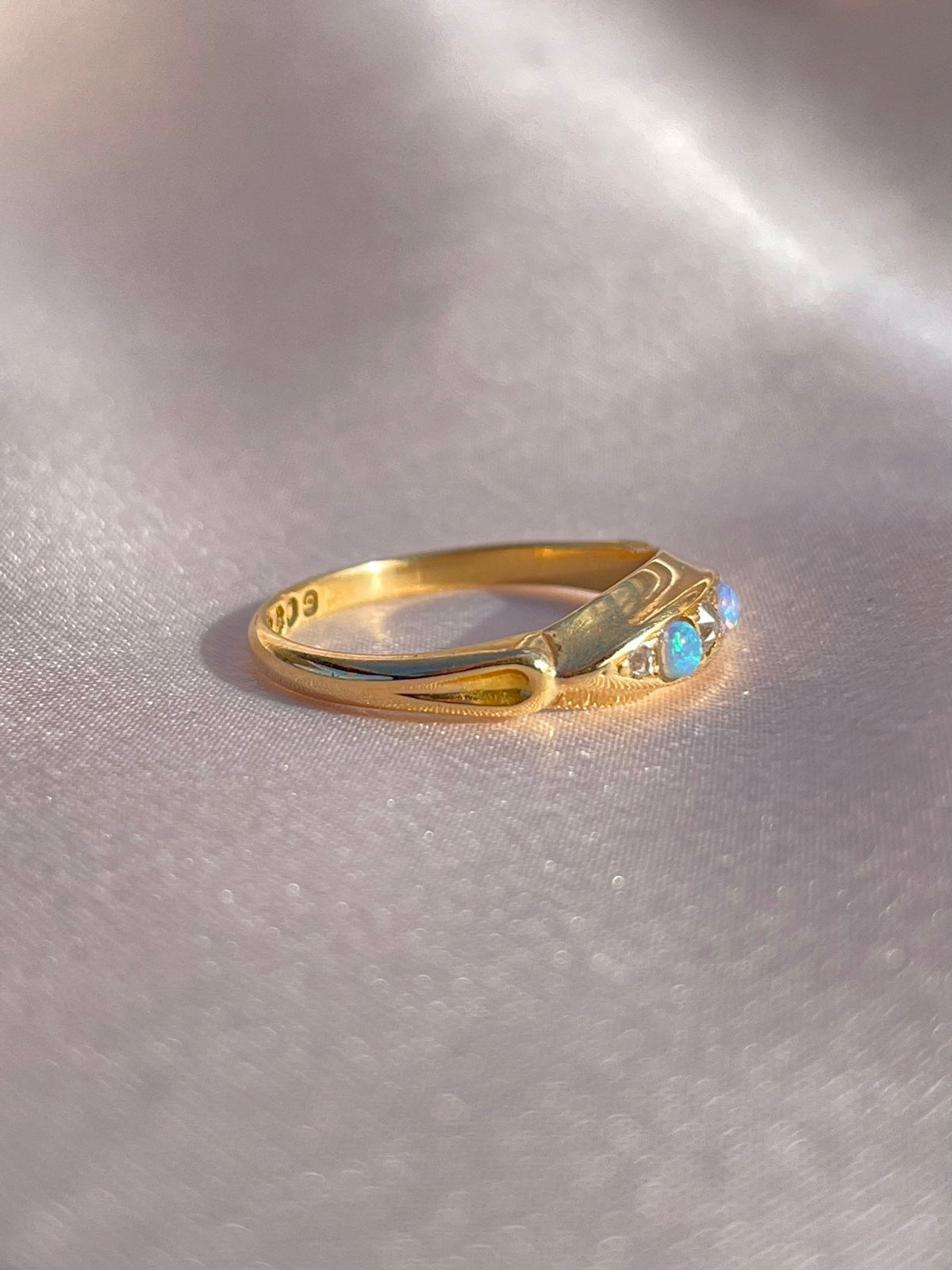 Antique 18k Opal Diamond Gypsy Boat Ring 1897