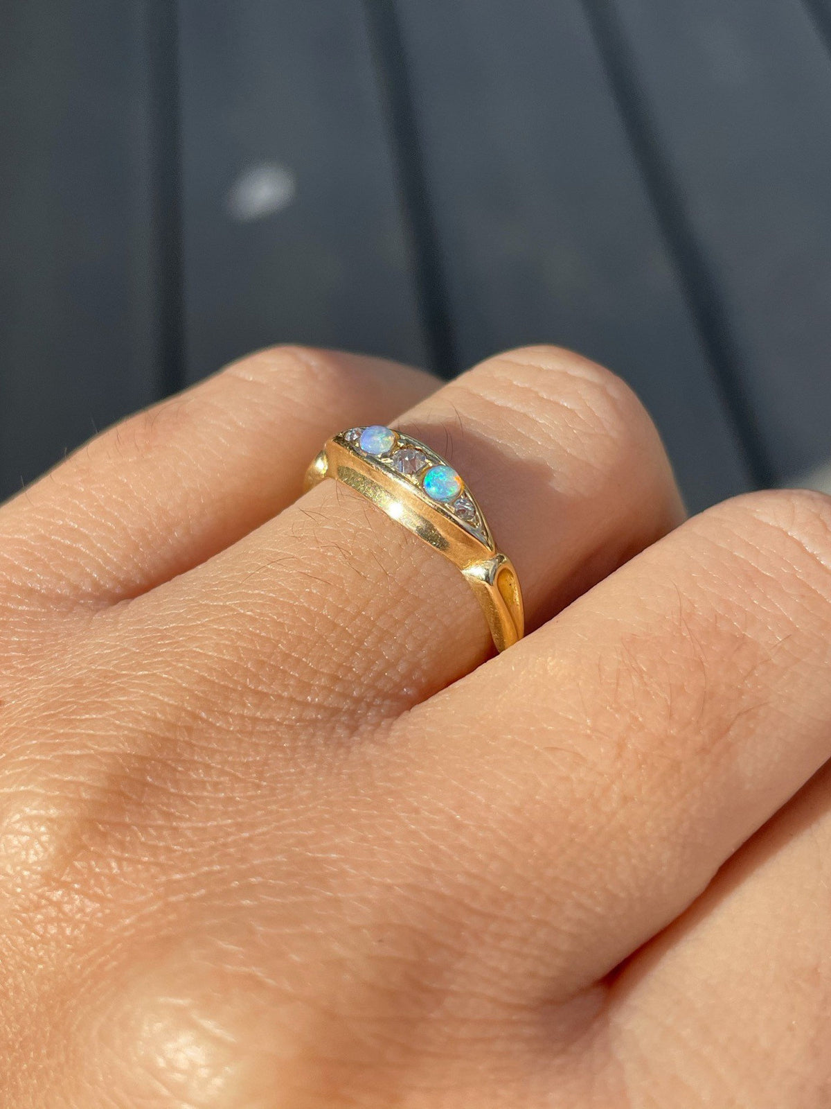 Antique 18k Opal Diamond Gypsy Boat Ring 1897