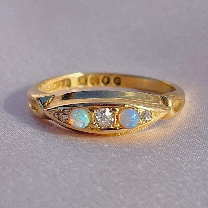 Antique 18k Opal Diamond Gypsy Boat Ring 1897