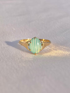 Vintage 9k Striped Green Agate Cabochon Ring