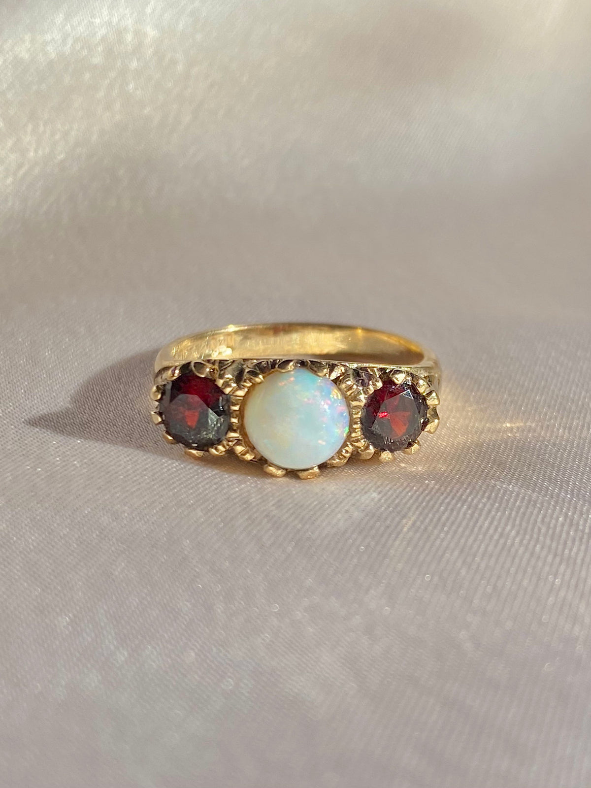 Vintage 9k Garnet Opal Boat Ring 1989