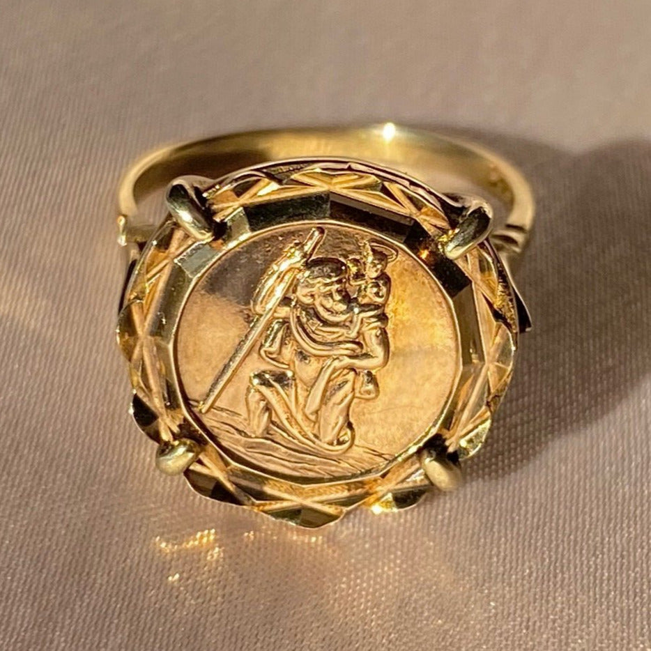 Vintage 9k St Christopher Coin Ring 1978