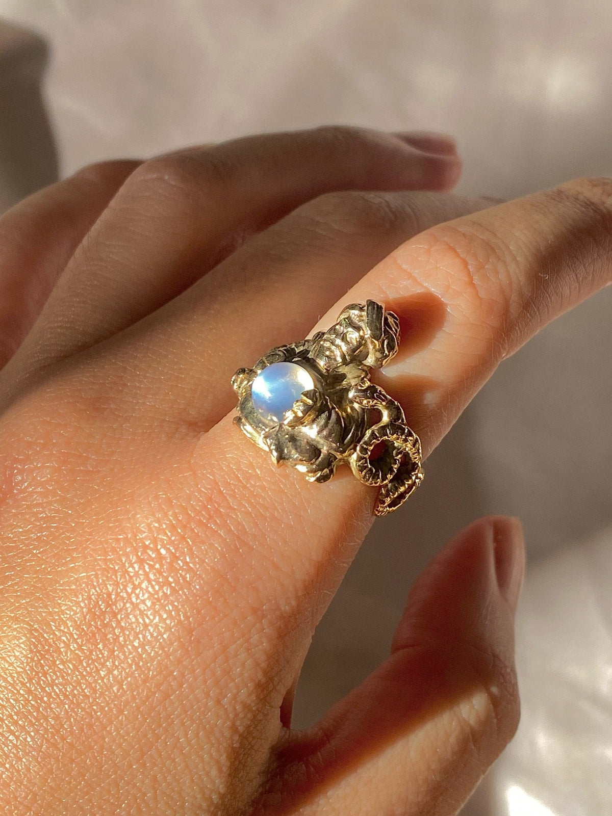 Vintage 10k Moonstone Genie Serpent Cabochon Ring