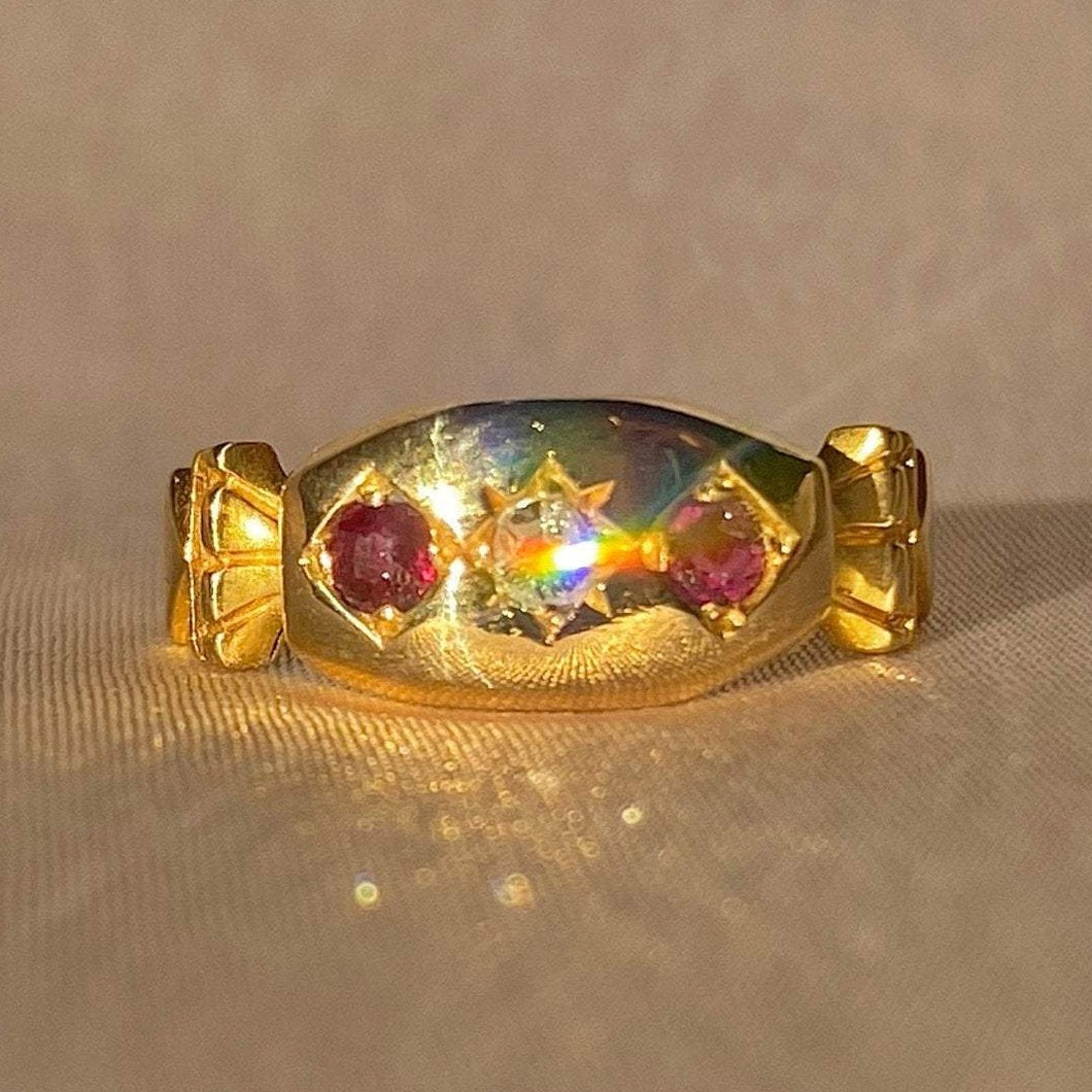 Antique 18k Garnet Diamond Trilogy Gypsy Ring 1901