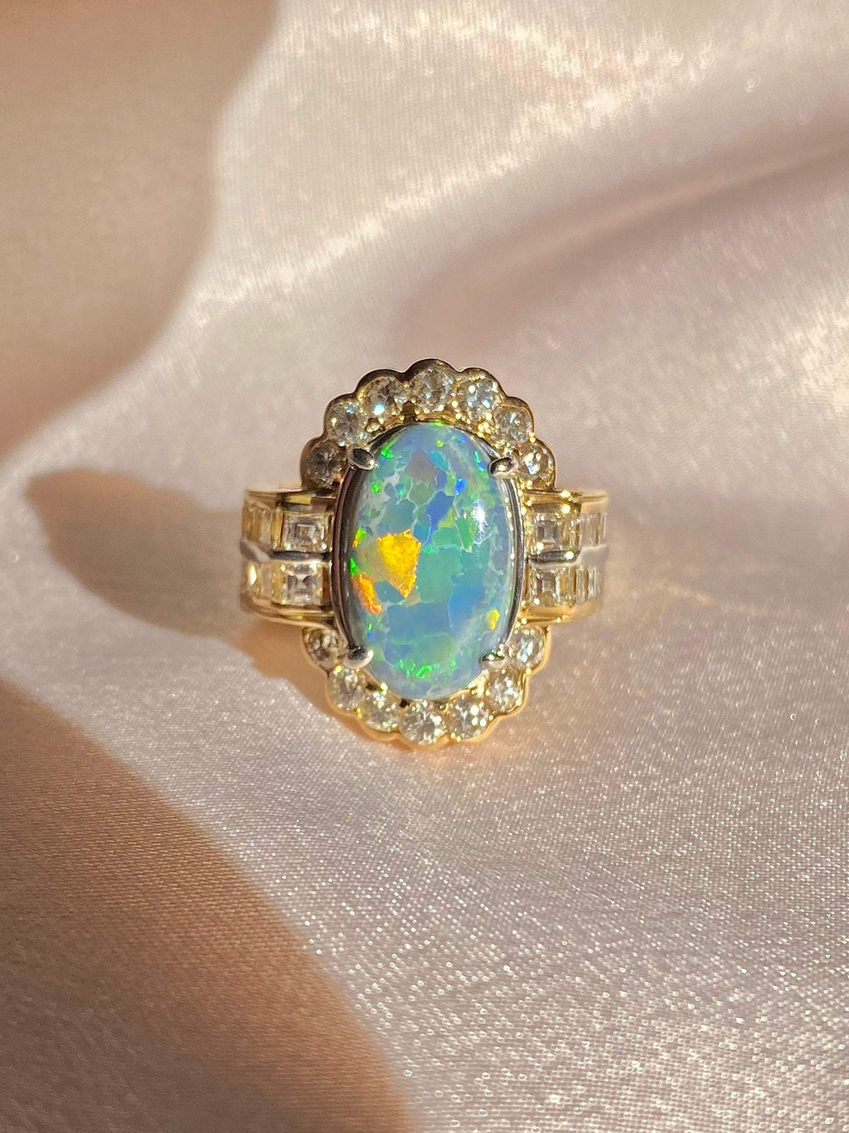 Vintage 18k Opal Asscher Diamond Cluster Ring 5.60 ctw