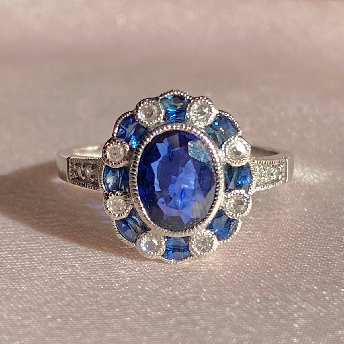 Antique Platinum Sapphire French Cut Diamond Cluster Ring