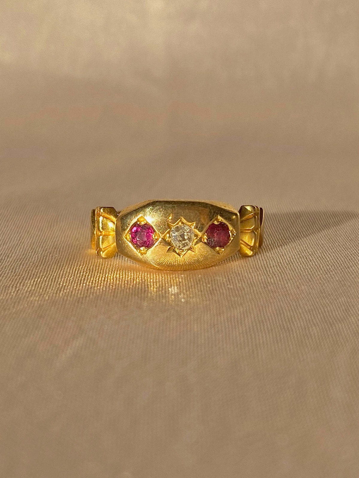Antique 18k Garnet Diamond Trilogy Gypsy Ring 1901