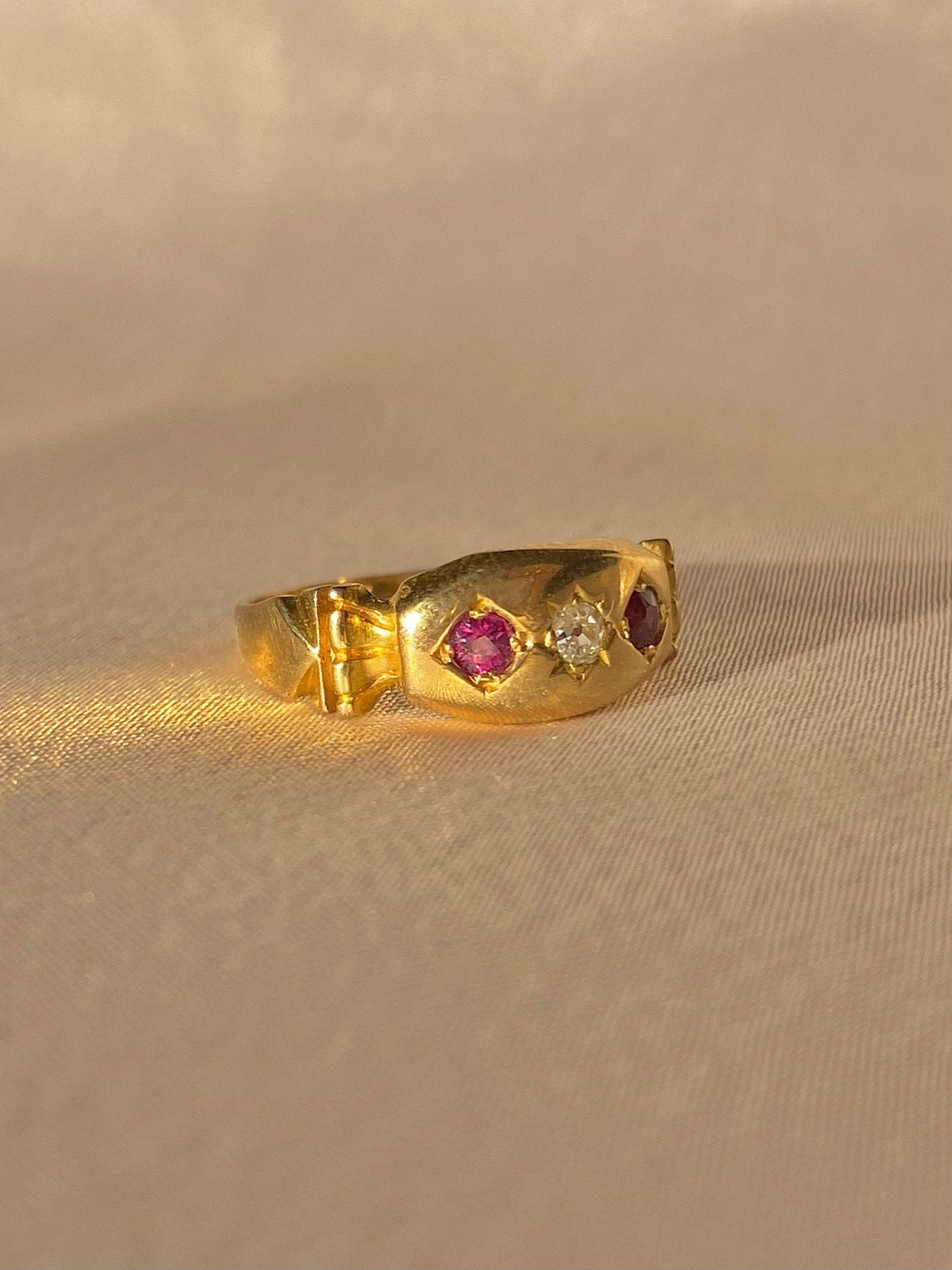 Antique 18k Garnet Diamond Trilogy Gypsy Ring 1901